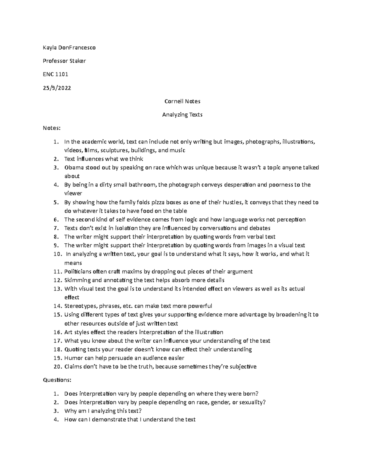 ENC 1101 Cornell Notes on Text Analysis Techniques and Insights - Studocu