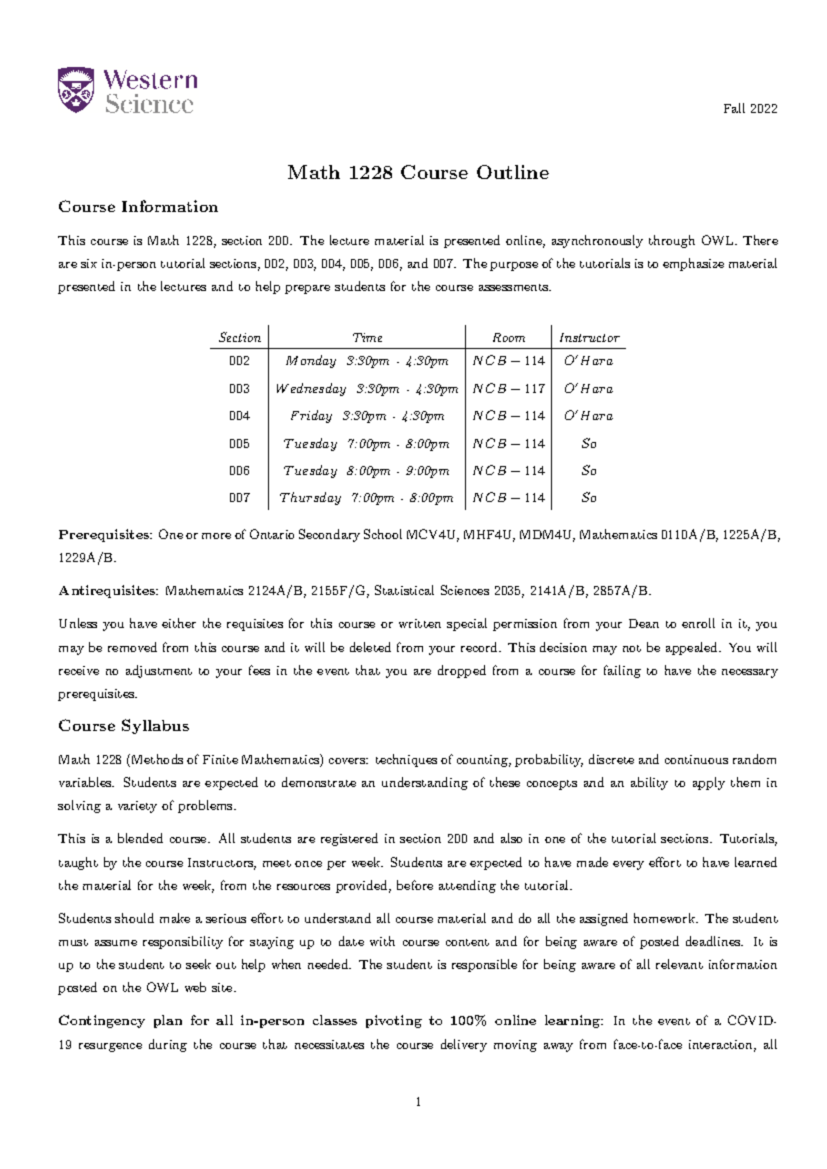 Math1228A Ohara - syllabus - Fall 2022 Math 1228 Course Outline Course ...