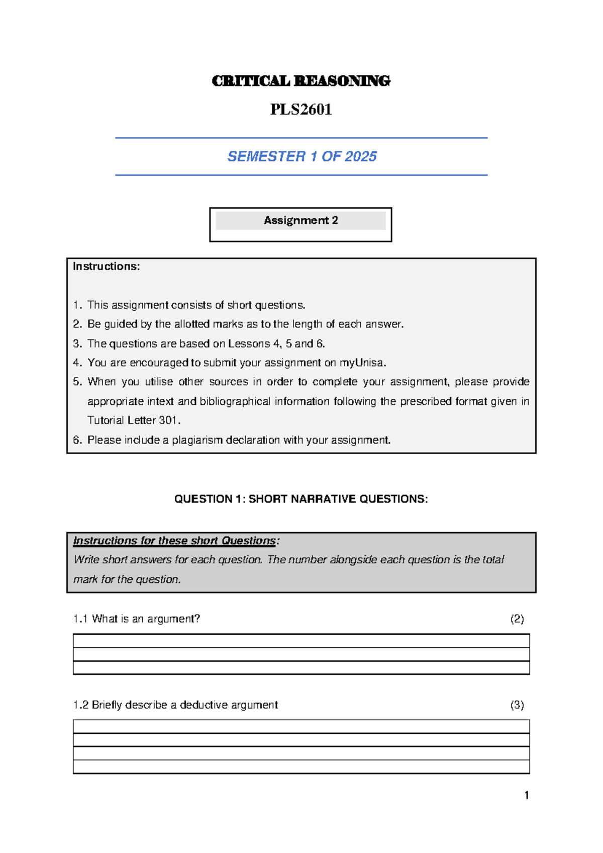 PLS2601 2025 Sem1 Assignment 2 - CRITICAL REASONING PLS SEMESTER 1 OF ...