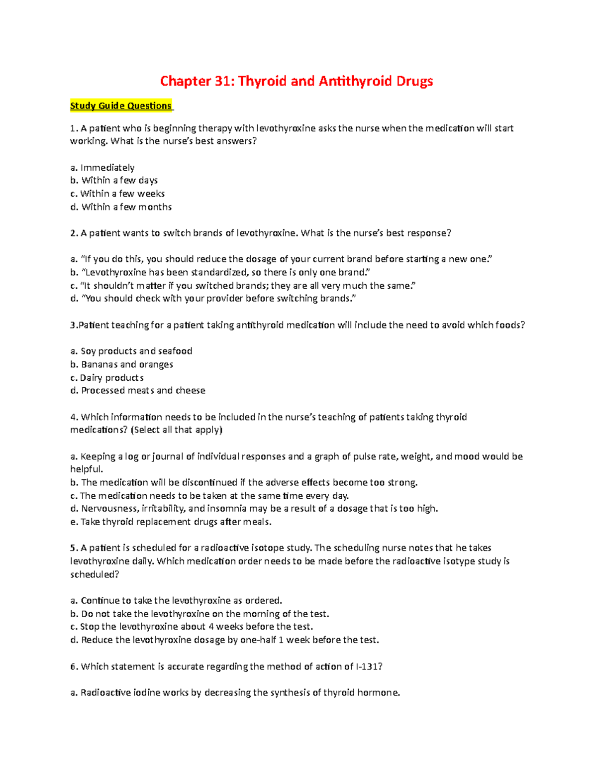 Chapter 31 Study Guide: Thyroid and Antithyroid Drugs Q&A - Studocu