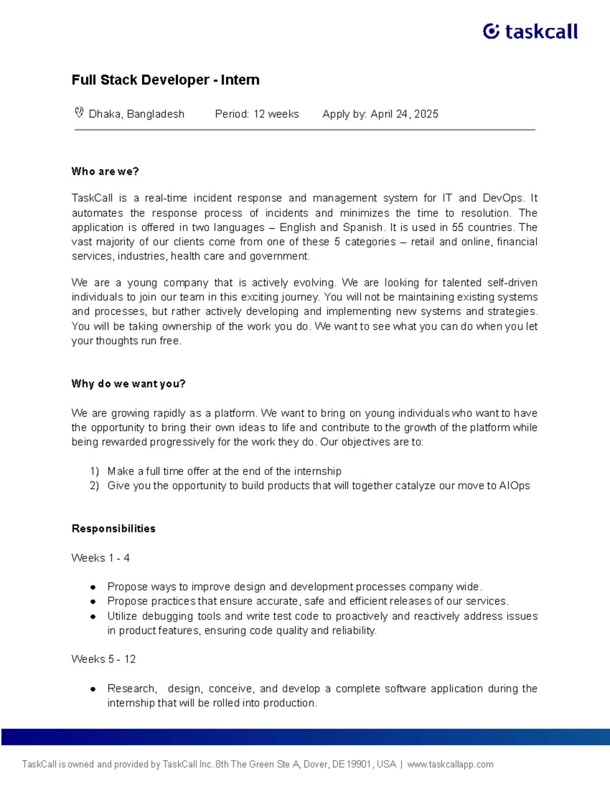 Job Description: Full Stack Developer Intern - 12 Week Internship - Studocu