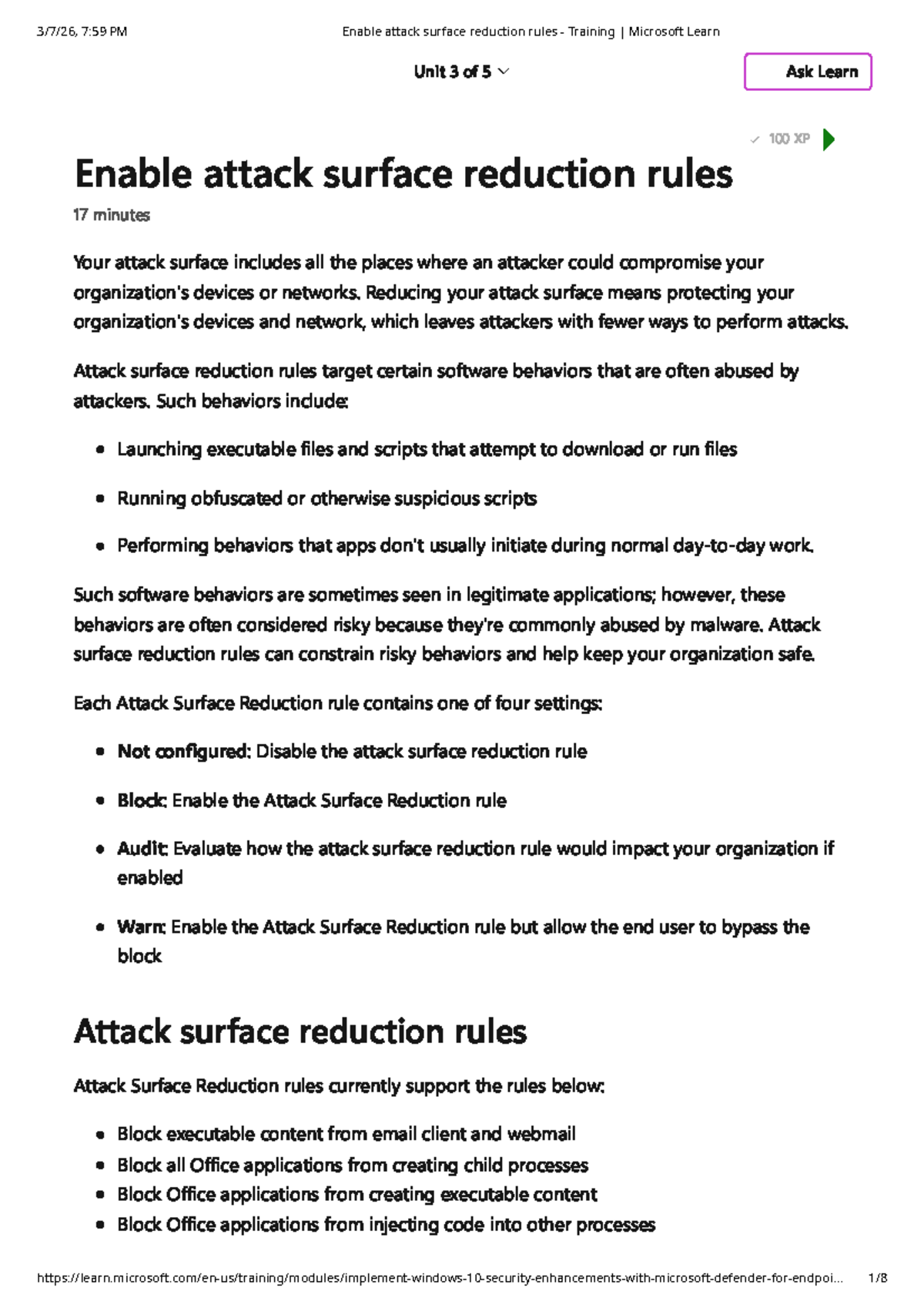 Enable Attack Surface Reduction Rules - Training MS Learn Unit 3 - Studocu