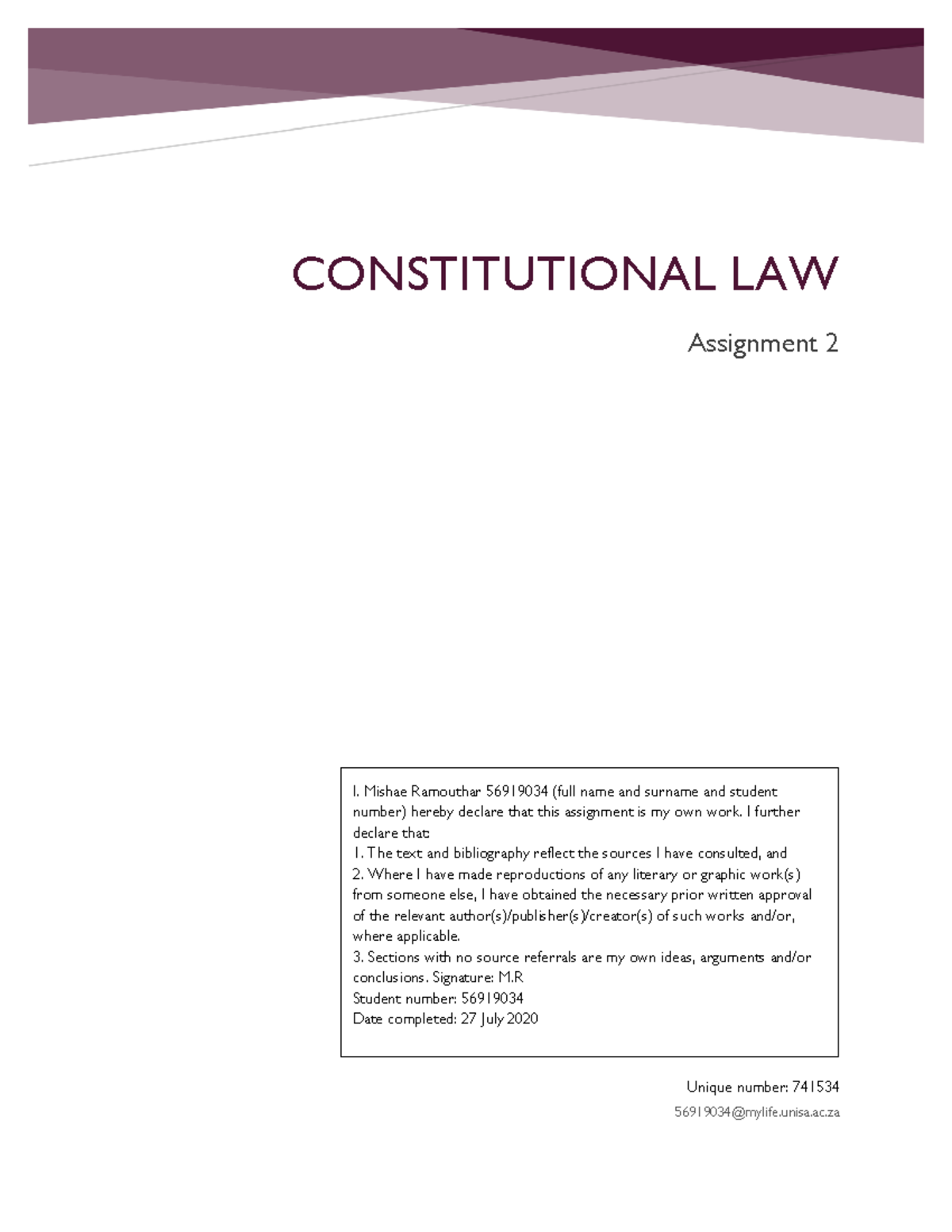 CSL Assignment 2 - notes - CONSTITUTIONAL LAW Assignment 2 Unique ...