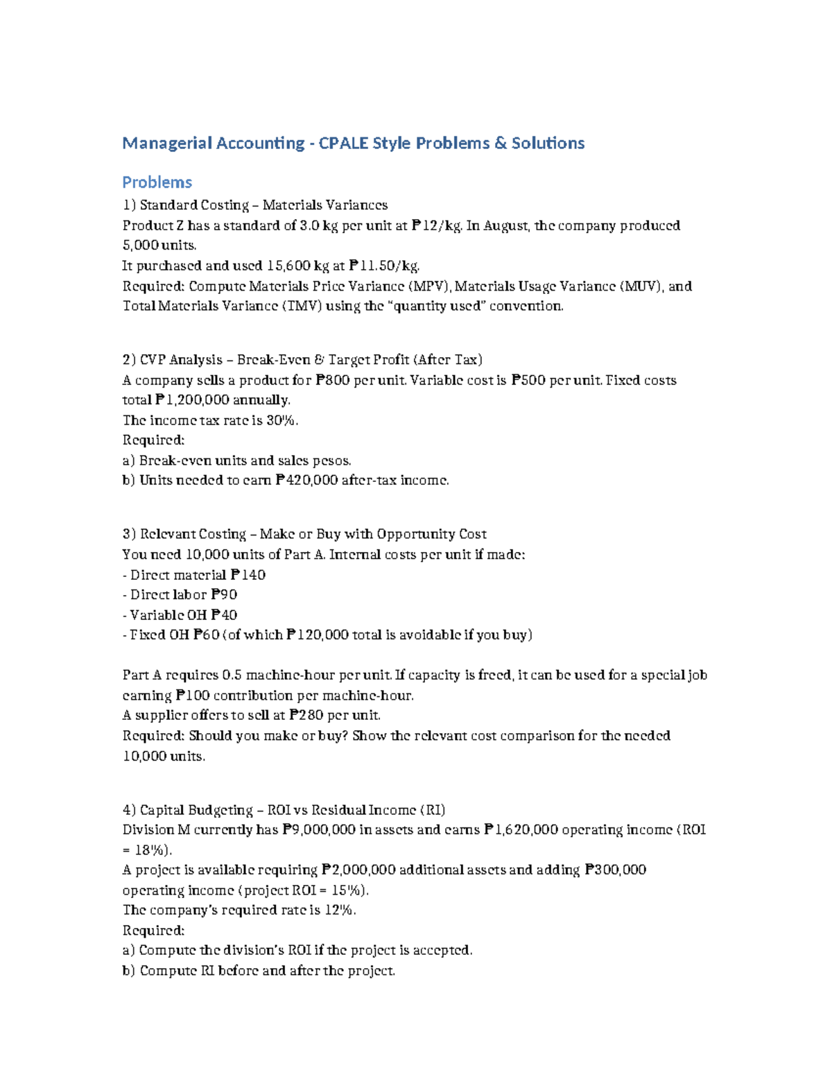CPALE Managerial Accounting: Solutions to Style Problems and Variances ...