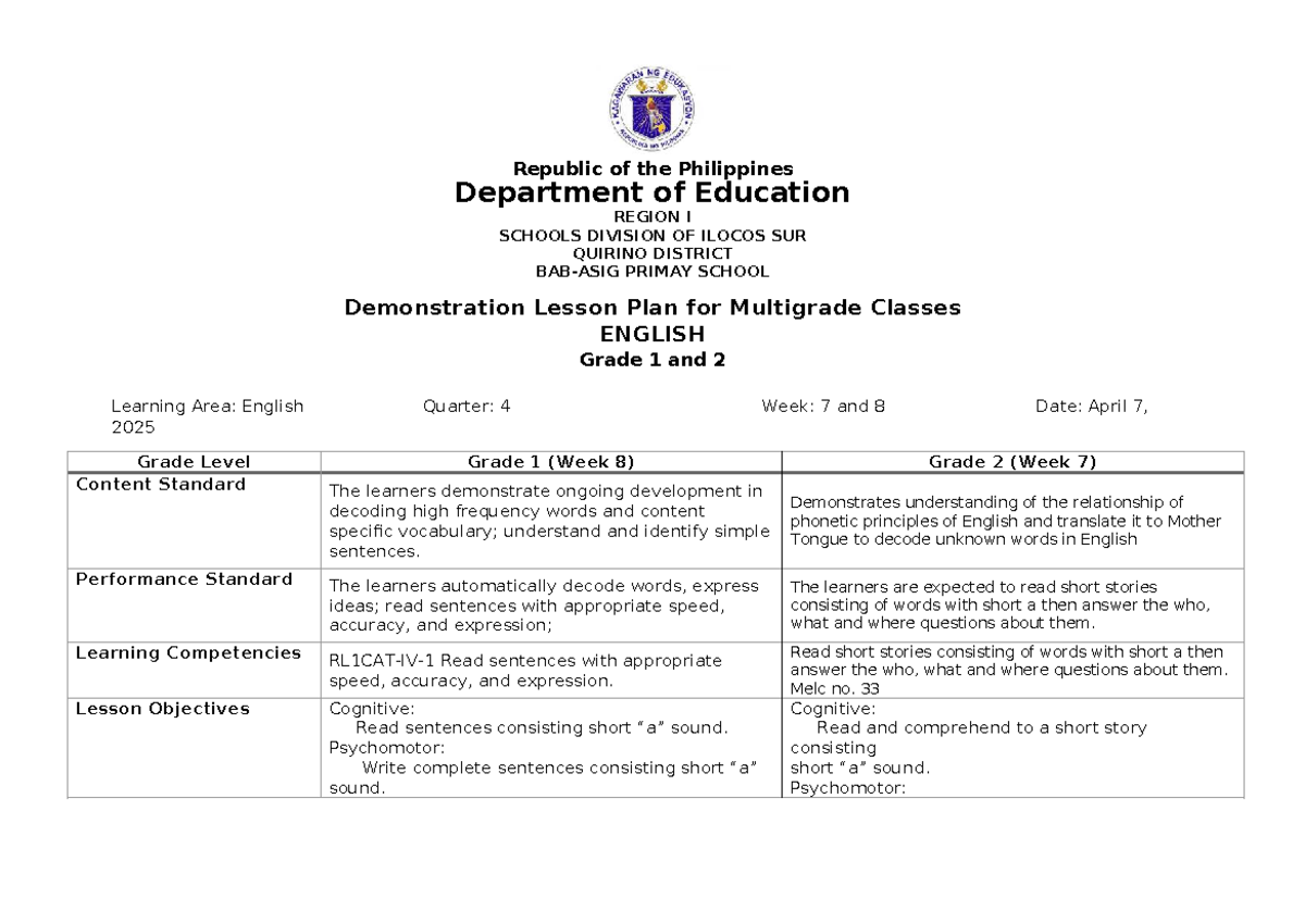 Demonstration Lesson Plan for Multigrade Classes: English G1 & G2 - Studocu