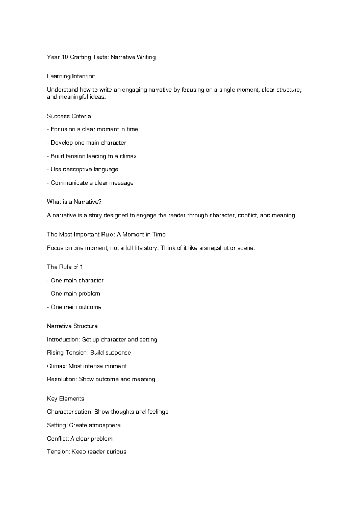 Year 10 Crafting Texts: Narrative Writing Guide - Studocu