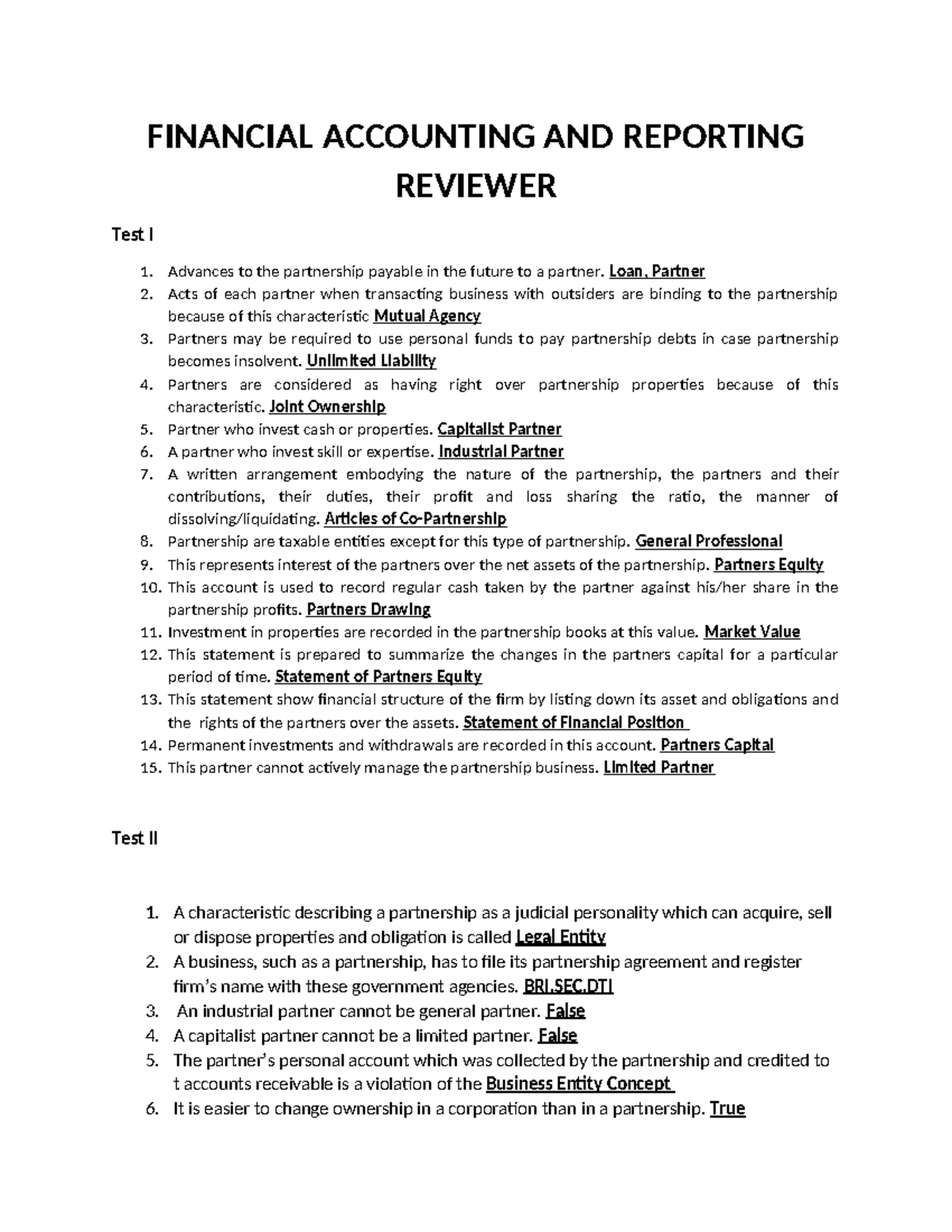 FINANCIAL ACCOUNTING AND REPORTING REVIEWER: Test I & II Insights - Studocu