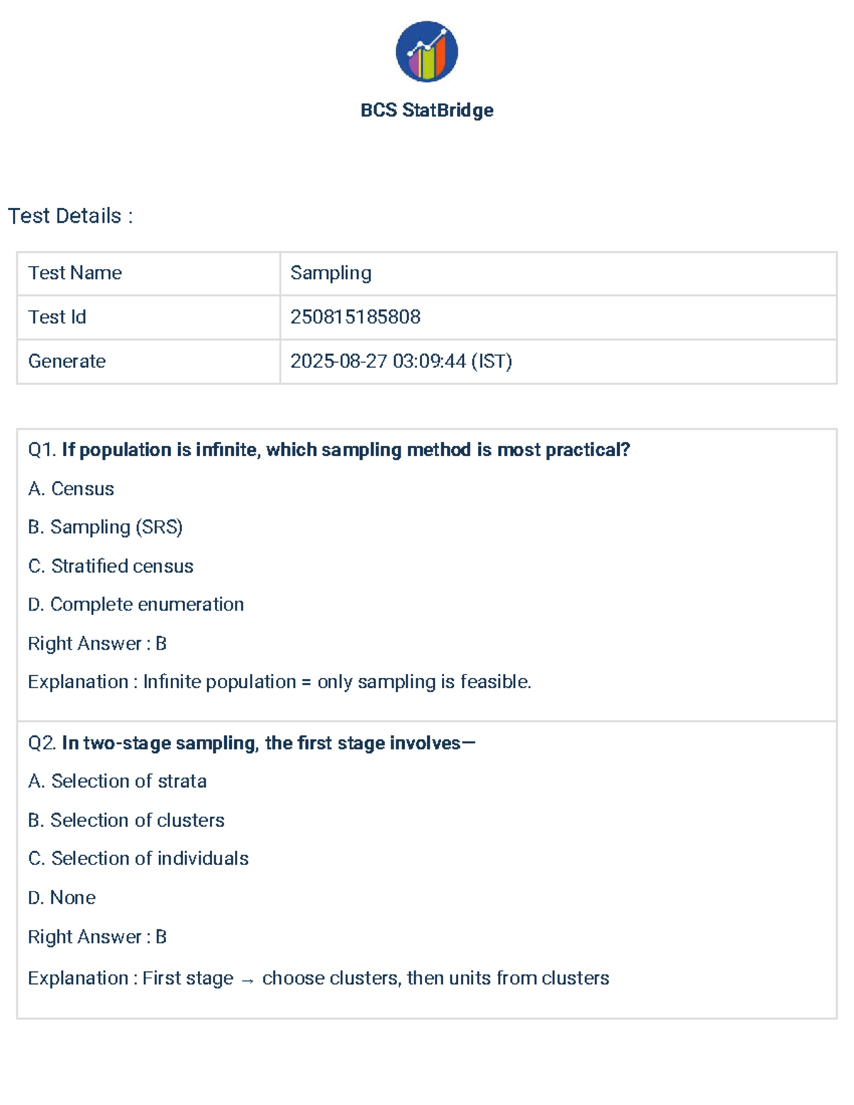 Sampling Free Exam Solution: BCS StatBridge Test Insights - Studocu