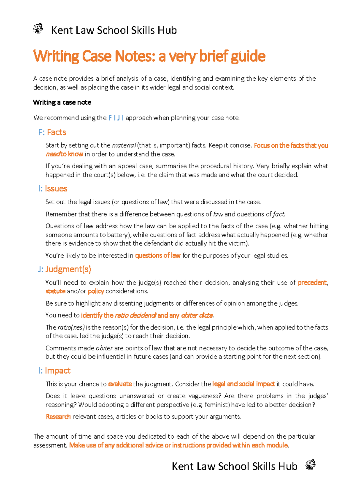 Kent Law School Skills Hub: Brief Guide to Writing Case Notes - Studocu