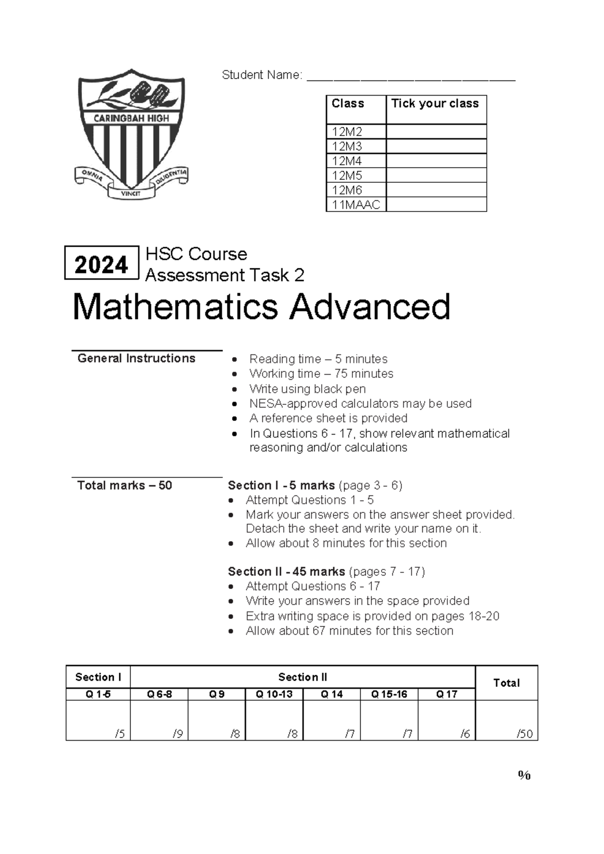 2024 Year 12 Mathematics Advanced AT2 Exam Instructions and Questions ...