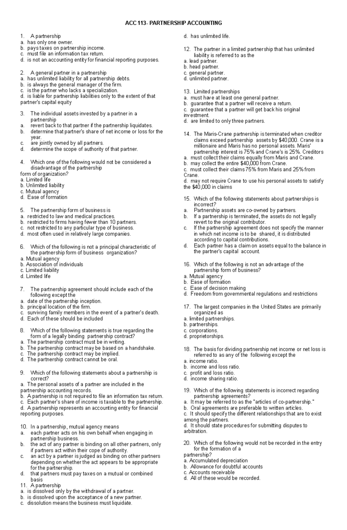 ACC 113 Partnership Accounting Quiz 1 Notes - Studocu