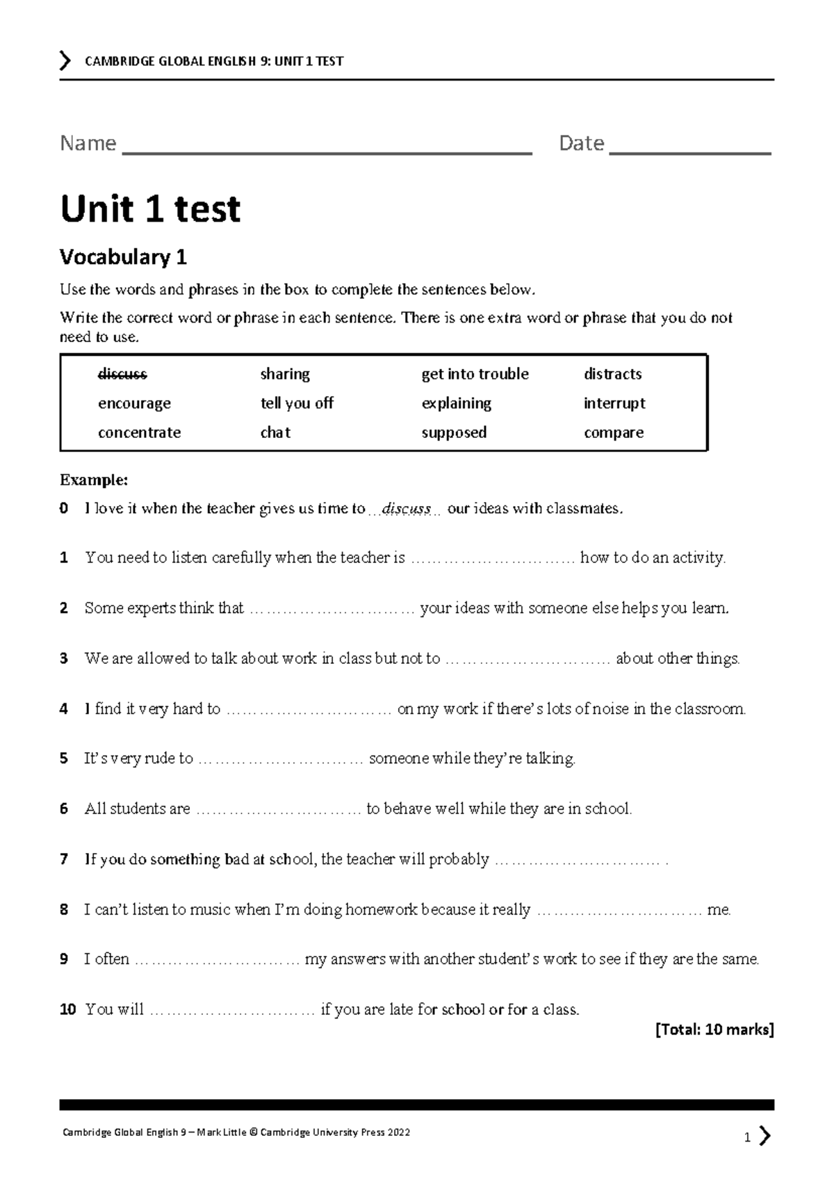 Tutorial Sample test Answer - Name Date Unit 1 test Vocabulary 1 Use ...