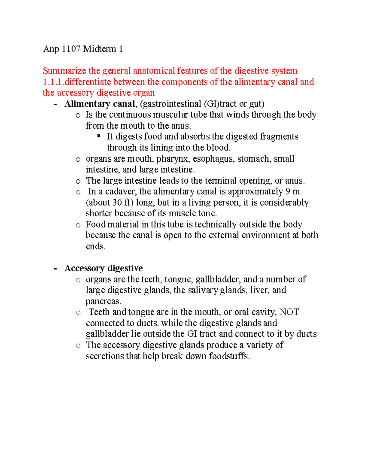 ANP 1107 Midterm 1 Study Notes on Digestive System Anatomy - Studocu
