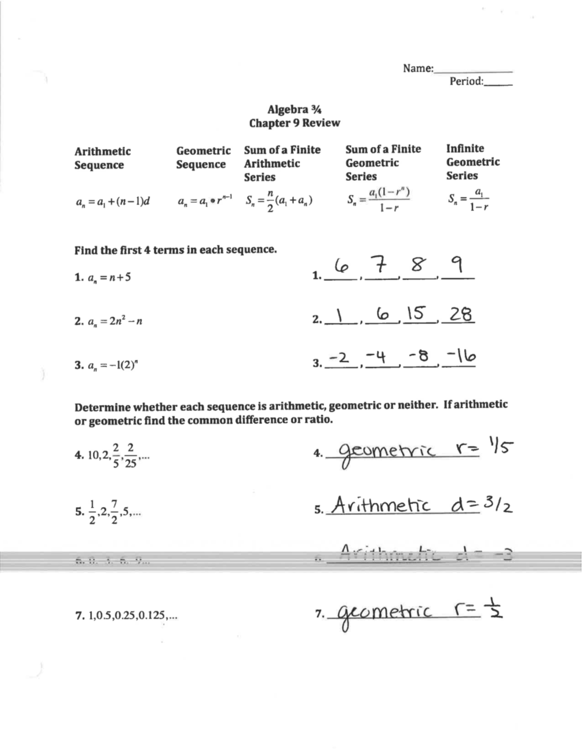 Algebra 9 Test Review Key: Sequences & Series Concepts - Studocu