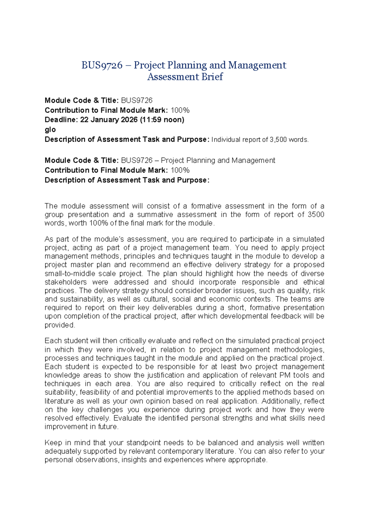 BUS9726 Project Planning & Management: Assessment Brief Overview - Studocu