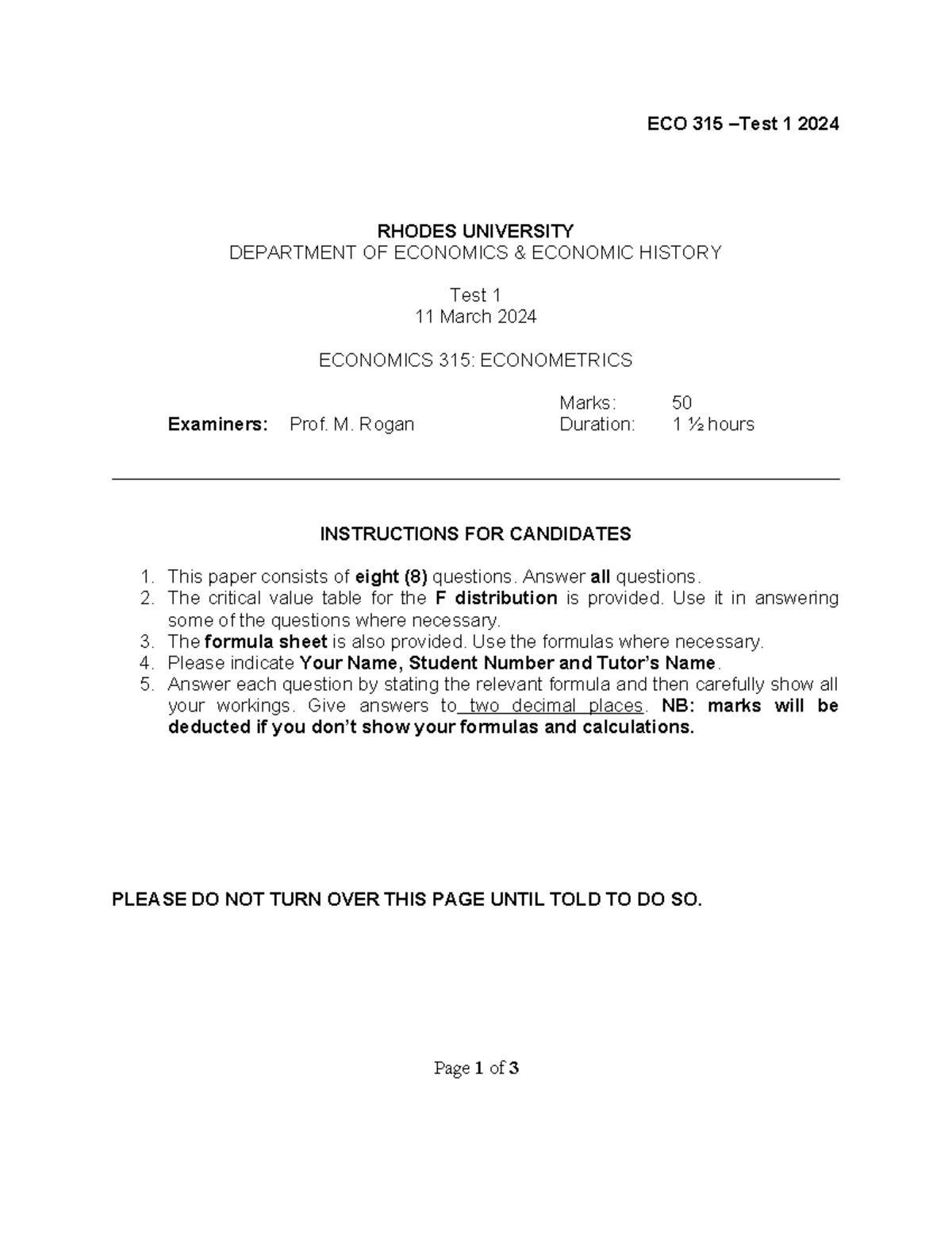ECO 315 Test 1 - Econometrics Questions & Solutions (2024) - Studocu
