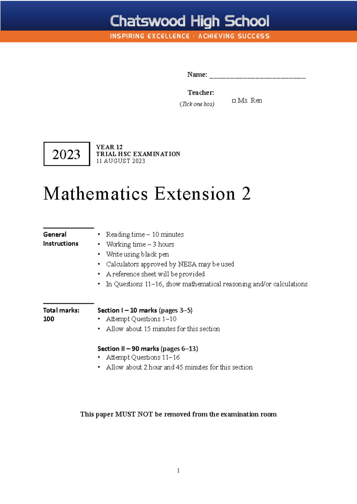 YEAR 12 TRIAL HSC EXAMINATION 2023 - Mathematics Extension 2 - Studocu