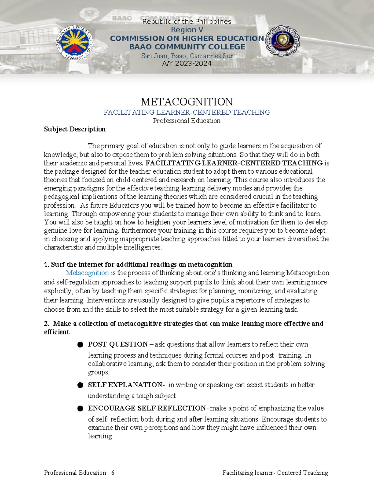 Reflection Paper on Facilitating Learner-Centered Teaching in BSED ...