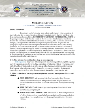 Reflection Paper on Facilitating Learner-Centered Teaching in BSED ...