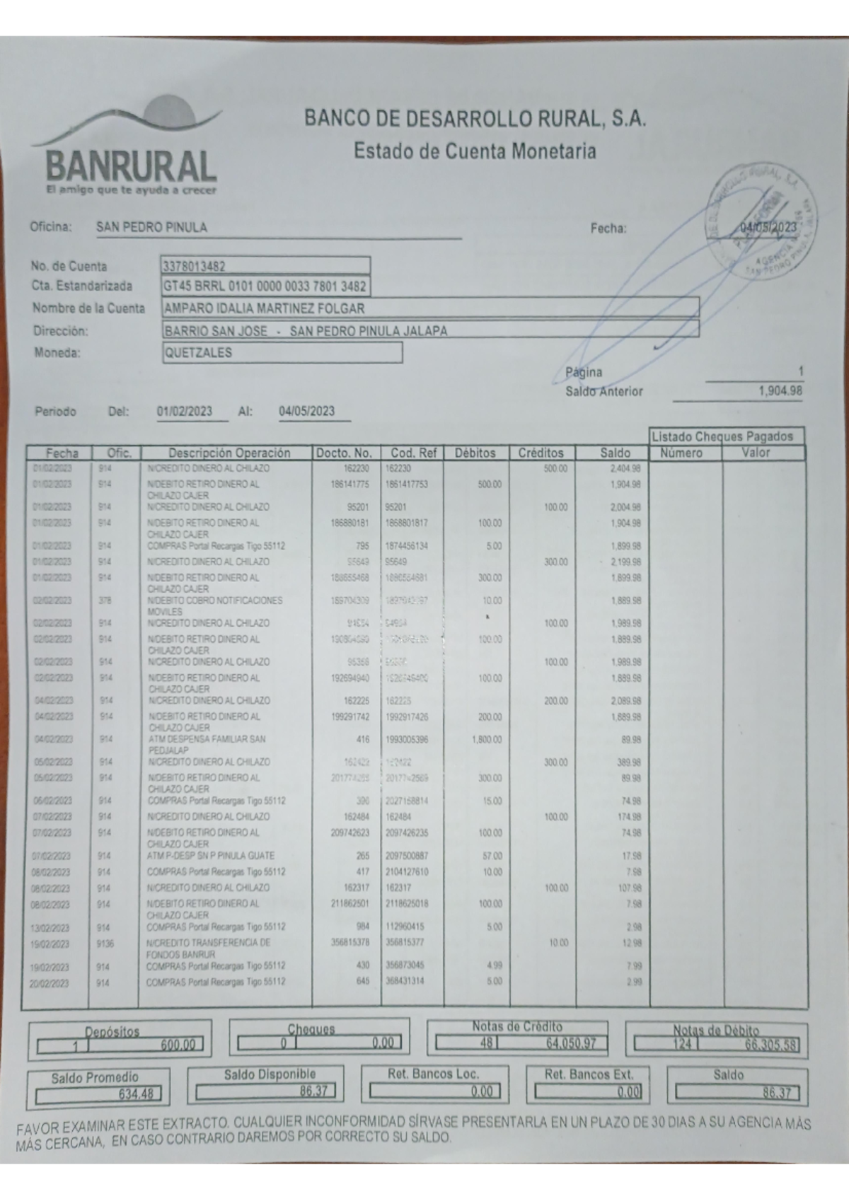 Estado de Cuenta de BANRURAL - Oficina San Pedro Pinula - Document Preview