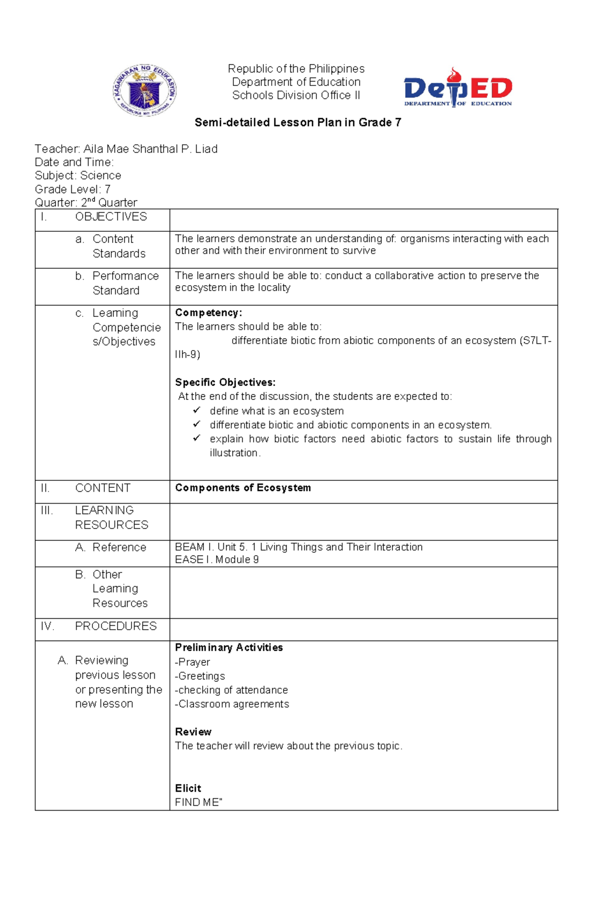 JHS DEMO DLP: Grade 7 Science Lesson Plan on Ecosystems - Studocu