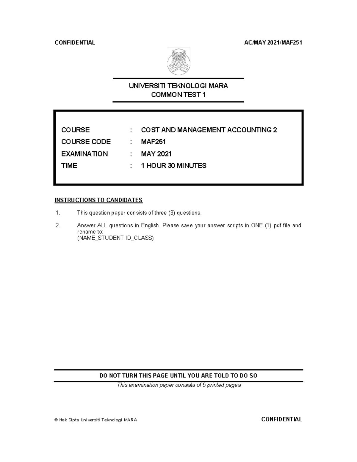 CT MAF251 MAY 2021 - COMMON TEST EXAM PAPER: COST & MGMT ACCOUNTING 2 ...