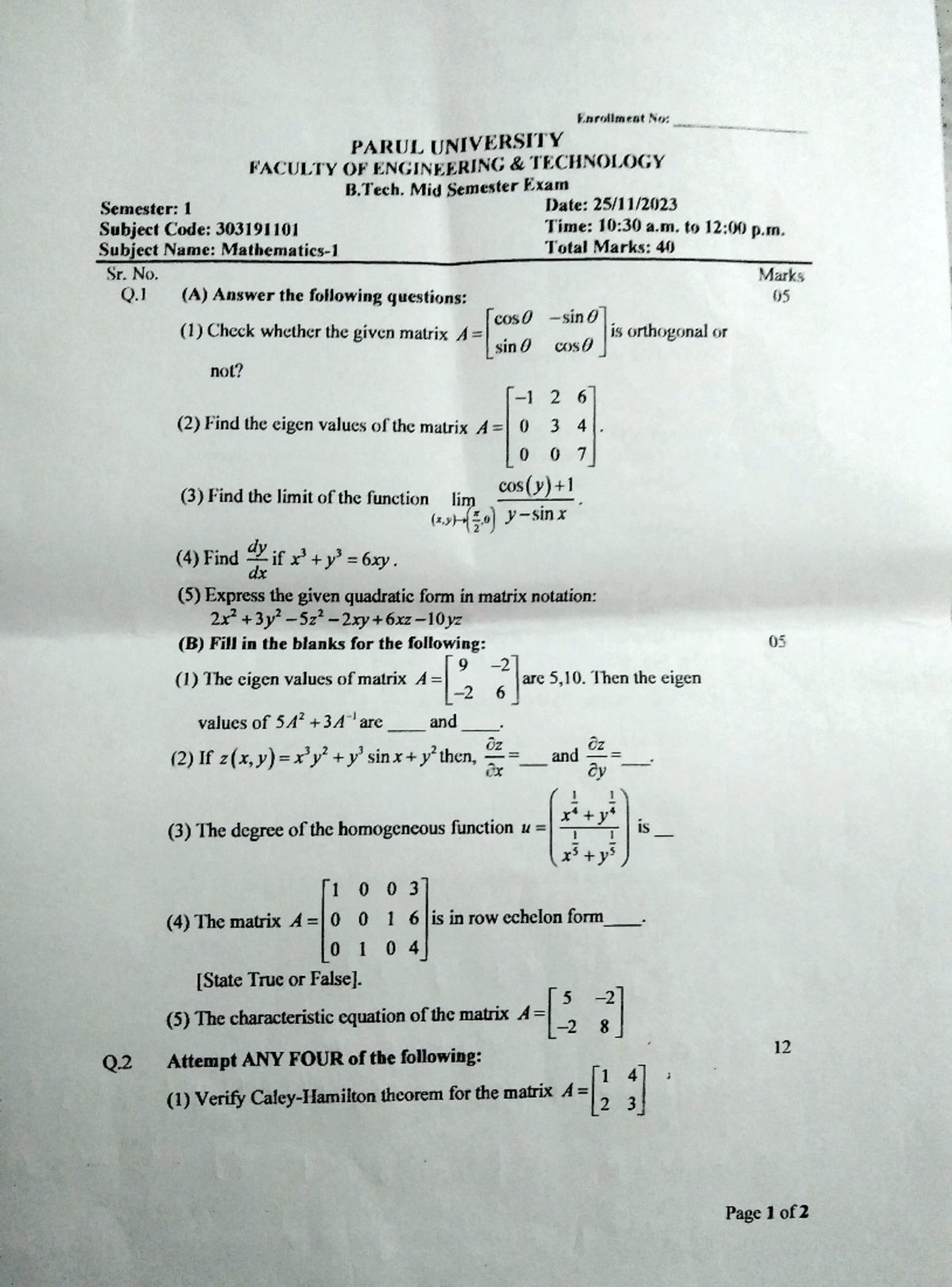 B.Tech. 303191101 Mid Sem Exam Mathematics 1 Question Bank - Studocu