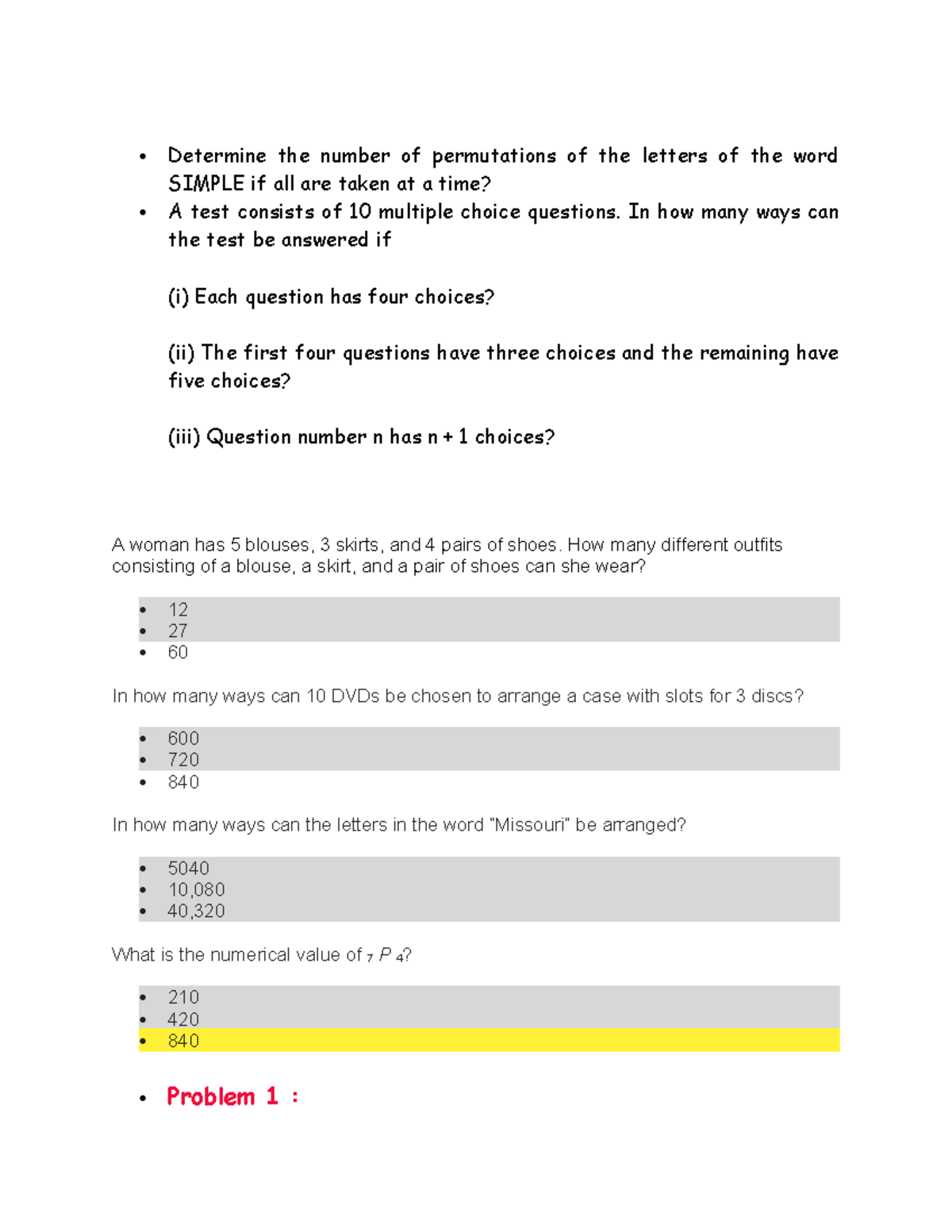 Permutation quiz - none - Determine the number of permutations of the ...