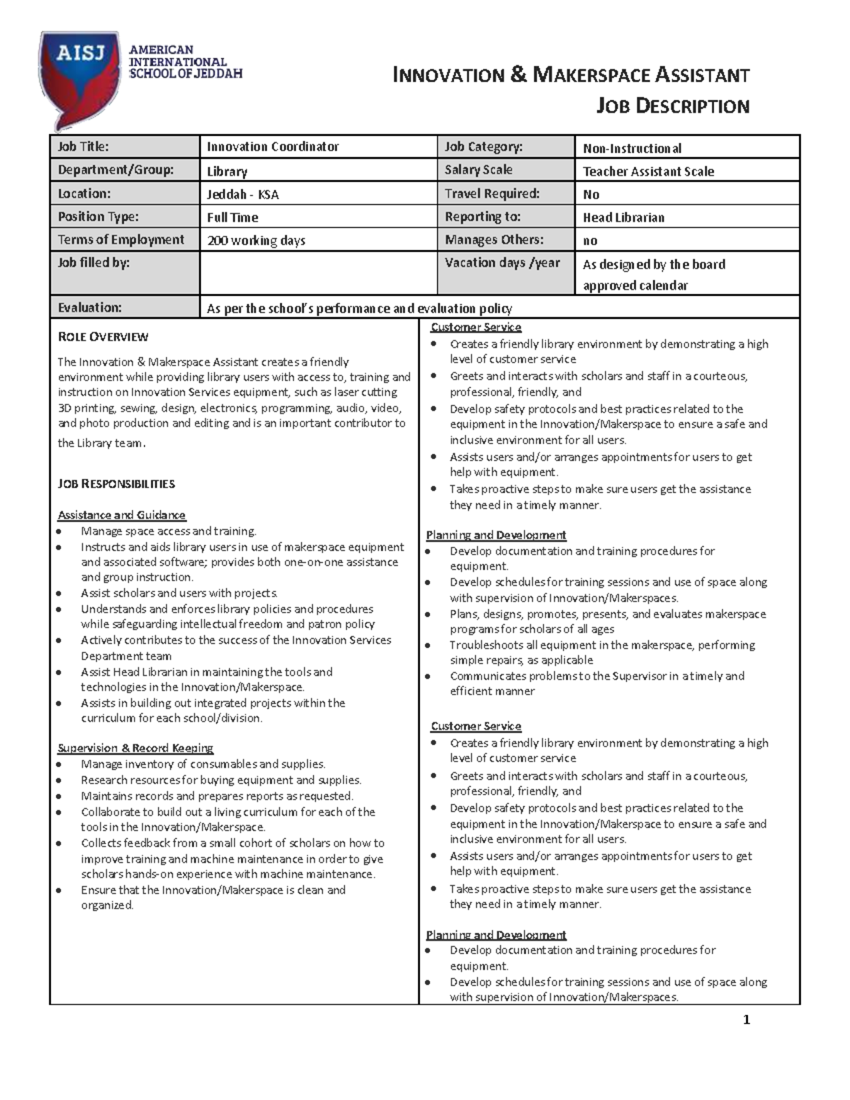 Innovation Coordinator- Job Description - INNOVATION & MAKERSPACE ...