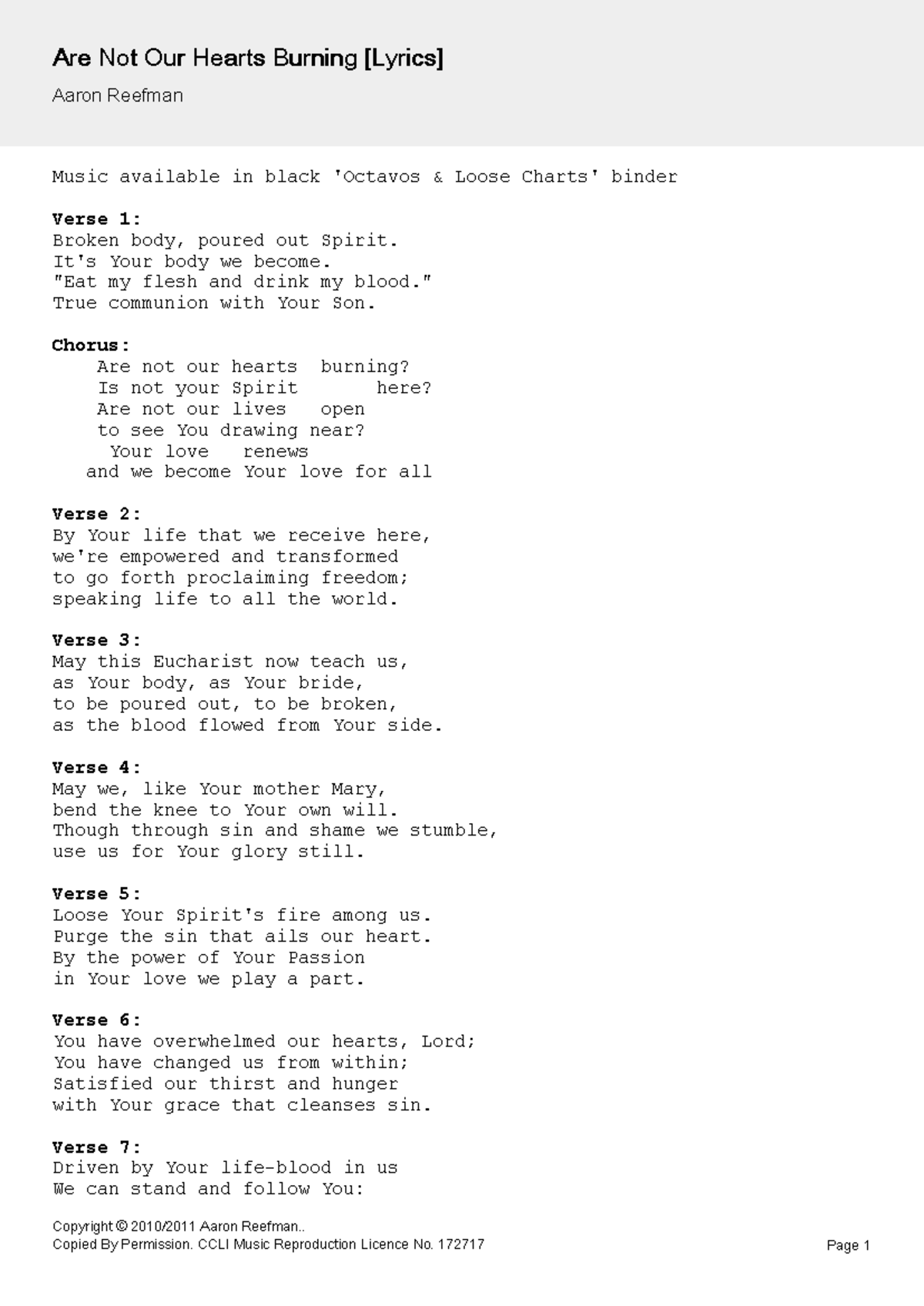 Are Not Our Hearts Burning - Music Lyrics by Aaron Reefman - Studocu