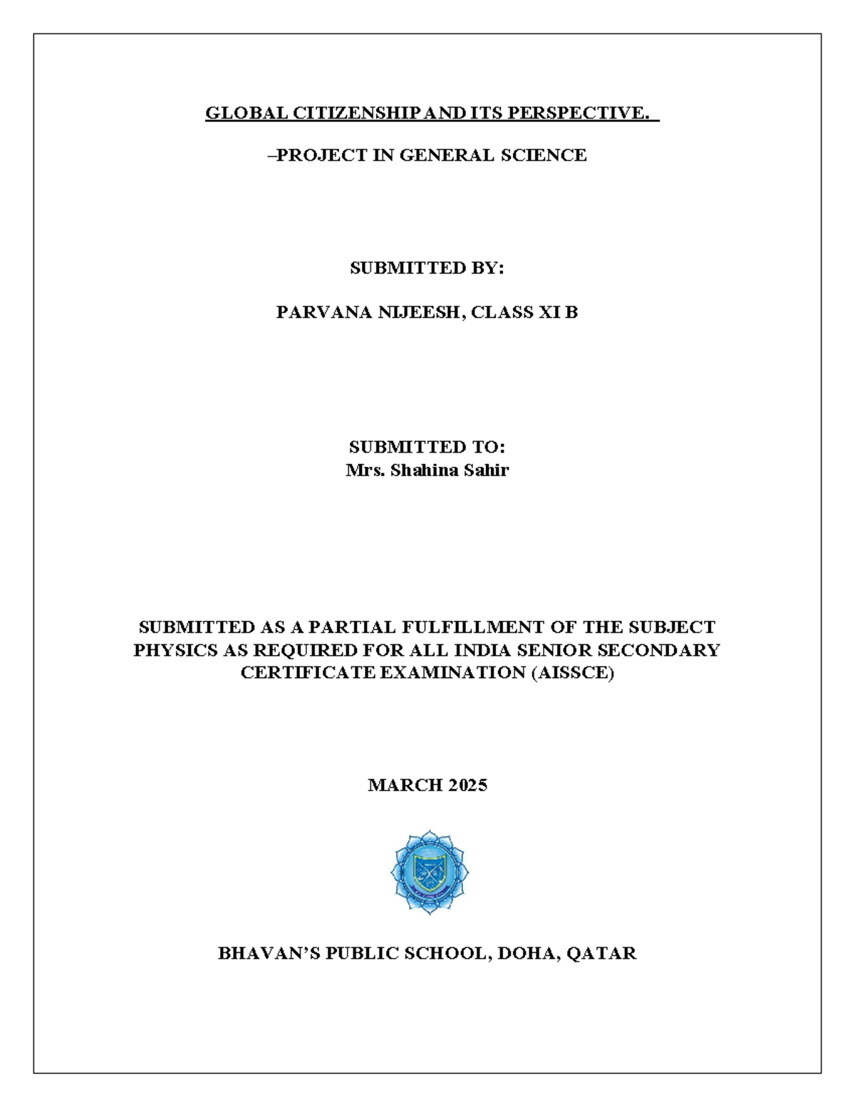 AISSCE XI B Project: Understanding Global Citizenship Perspectives ...