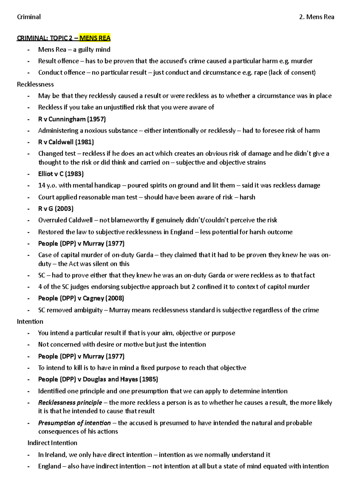 Criminal 2: Mens Rea - Key Points and Case Summaries Overview - Studocu