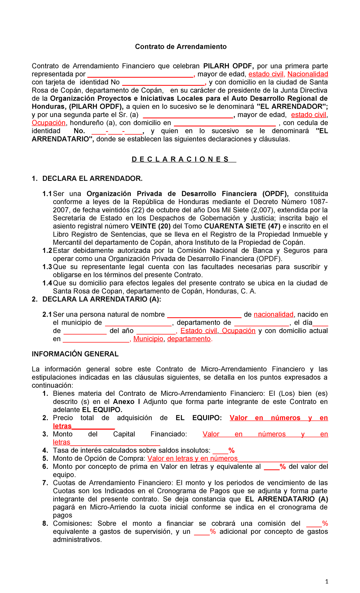 Modelo de Contrato Micro Arriendo - Contrato de Arrendamiento Contrato ...