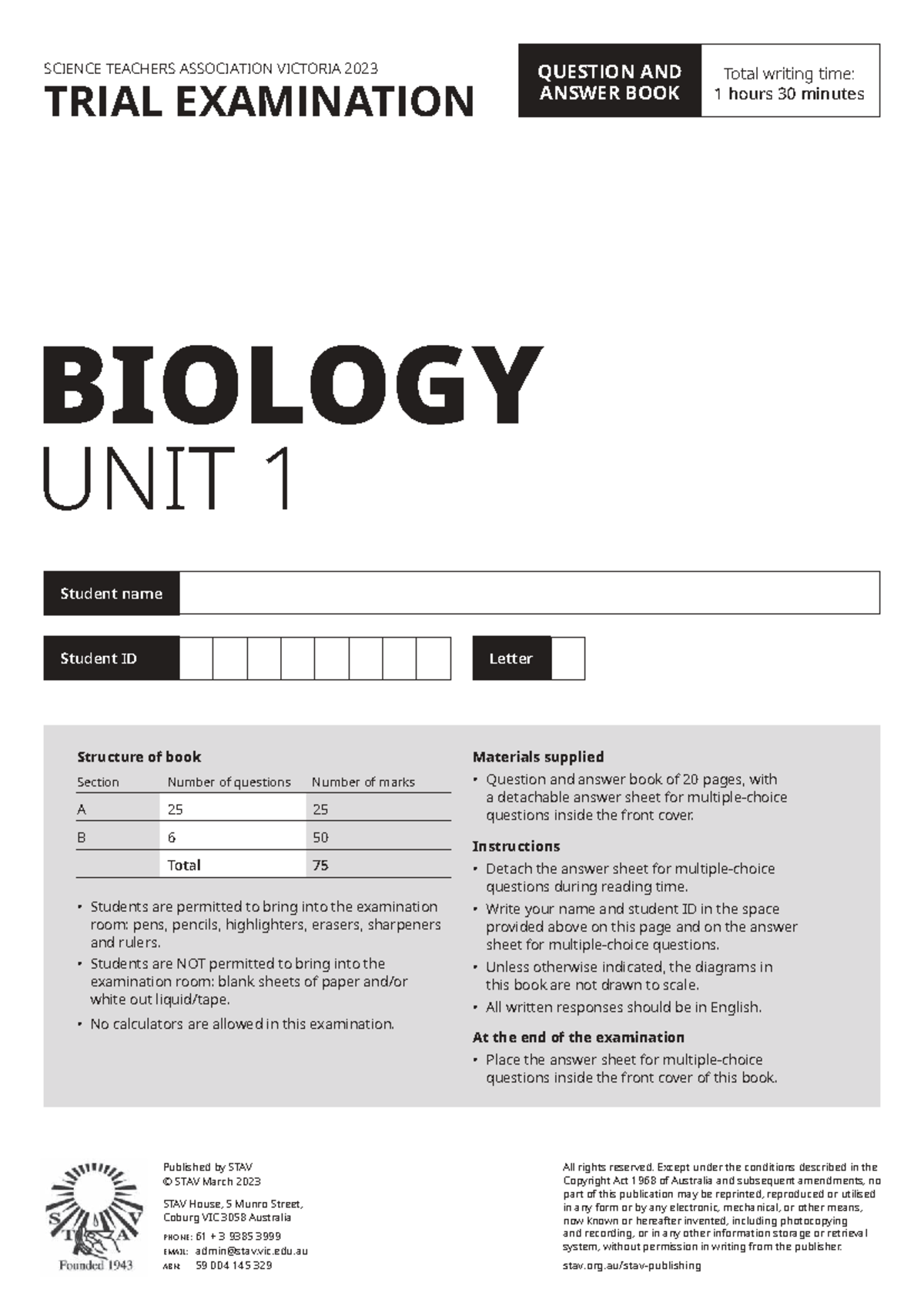 2023 STAV Biology Unit 1 Trial Exam - Practice Questions - Studocu