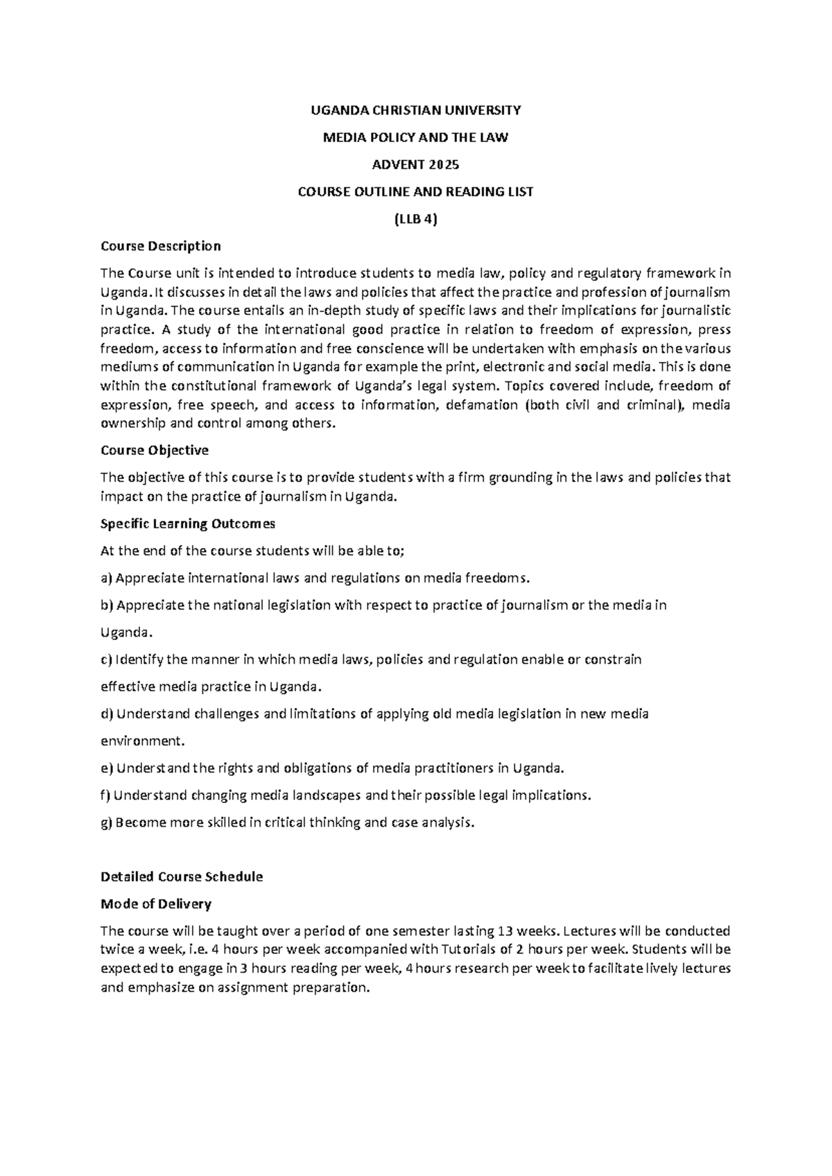 2025 Final Course Outline - Media Law and Policy (LLB 4) - Studocu