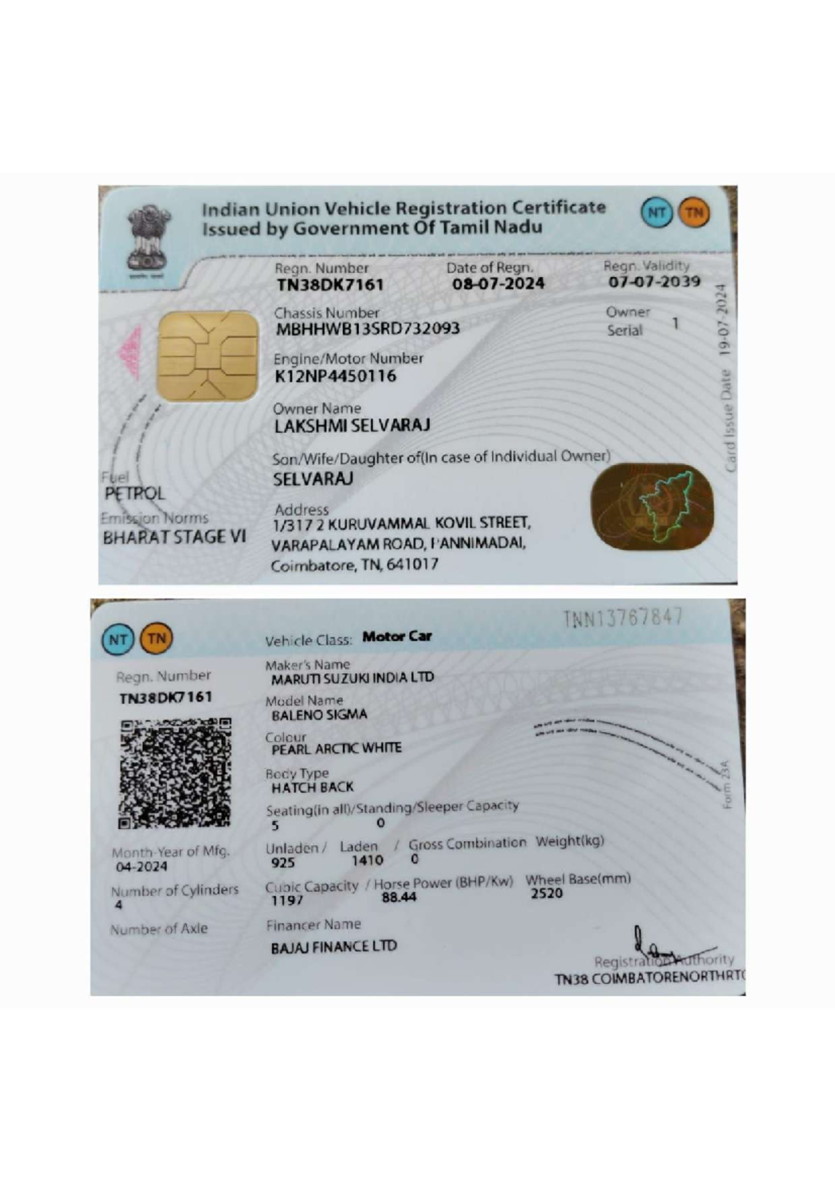 RC Final - Indian Union Vehicle Registration Certificate Details TN ...