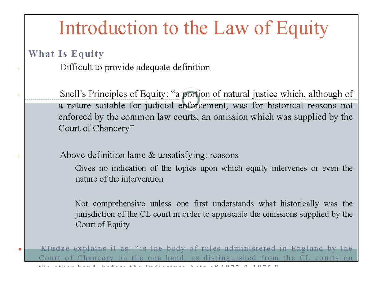 Introduction to the Law of Equity: Lecture Notes on Principles and ...
