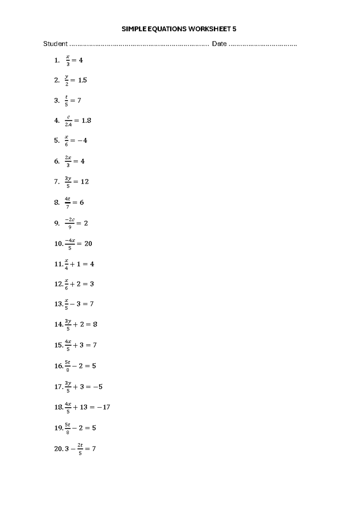 SIMPLE EQUATIONS WORKSHEET 5: Practice Problems - Studocu
