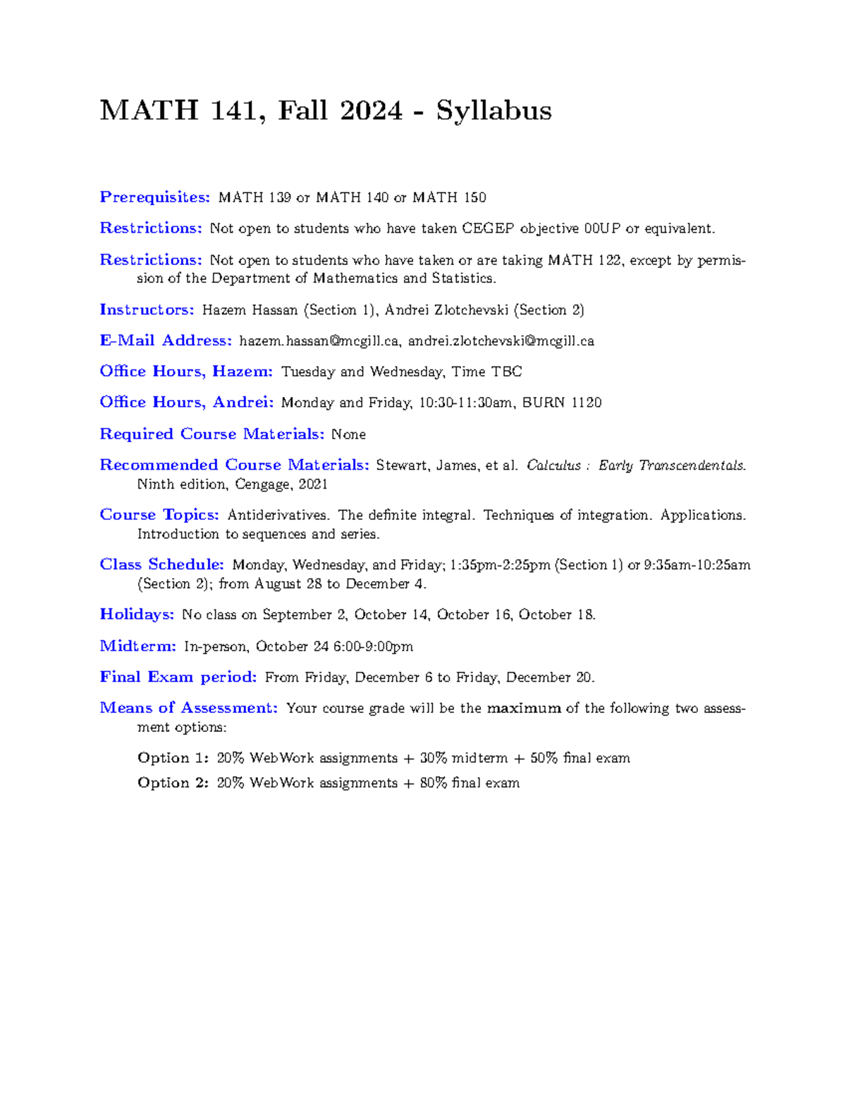 MATH 141 Fall 2024 Course Syllabus and Important Information - Studocu
