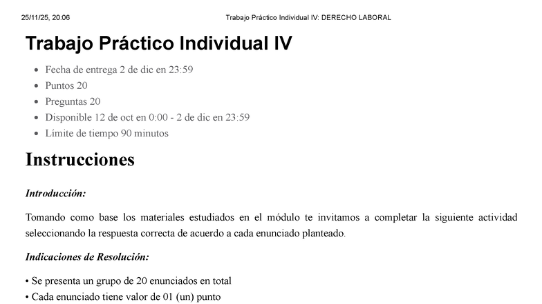 20:06 Trabajo Práctico Individual IV: Examen de Derecho Laboral - Studocu