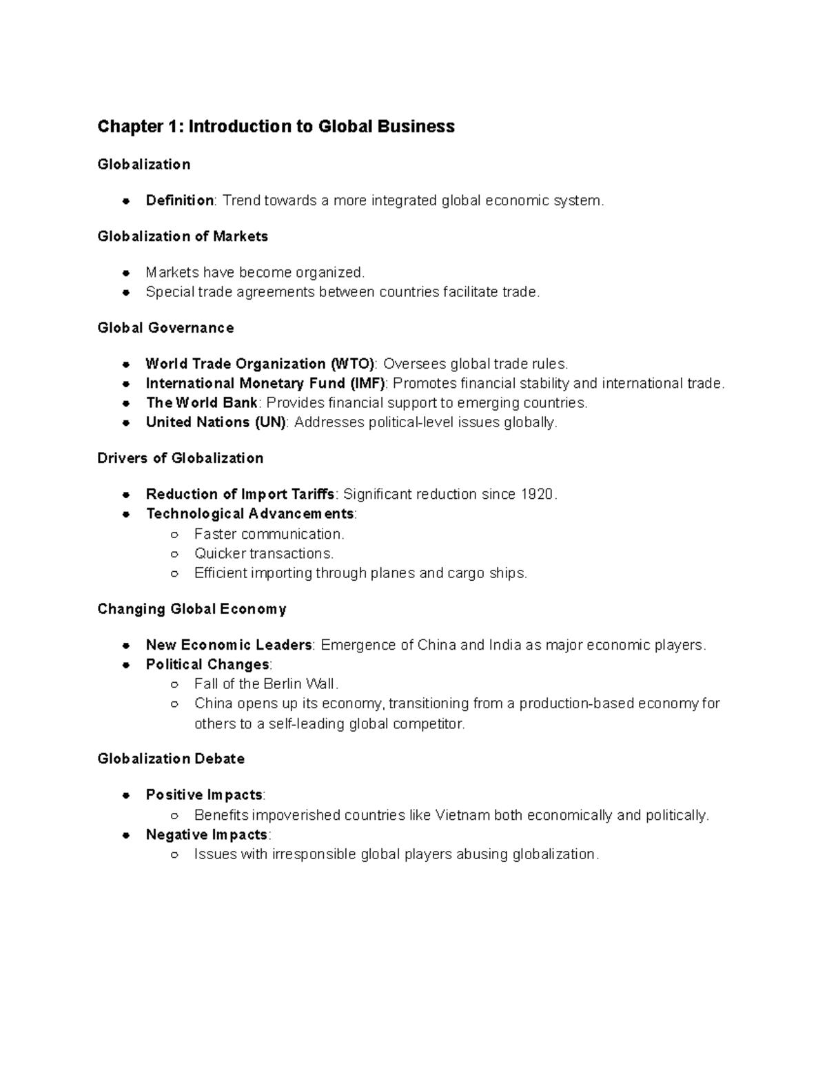 Notes - Chapter 1: Introduction to Global Business Globalization ...