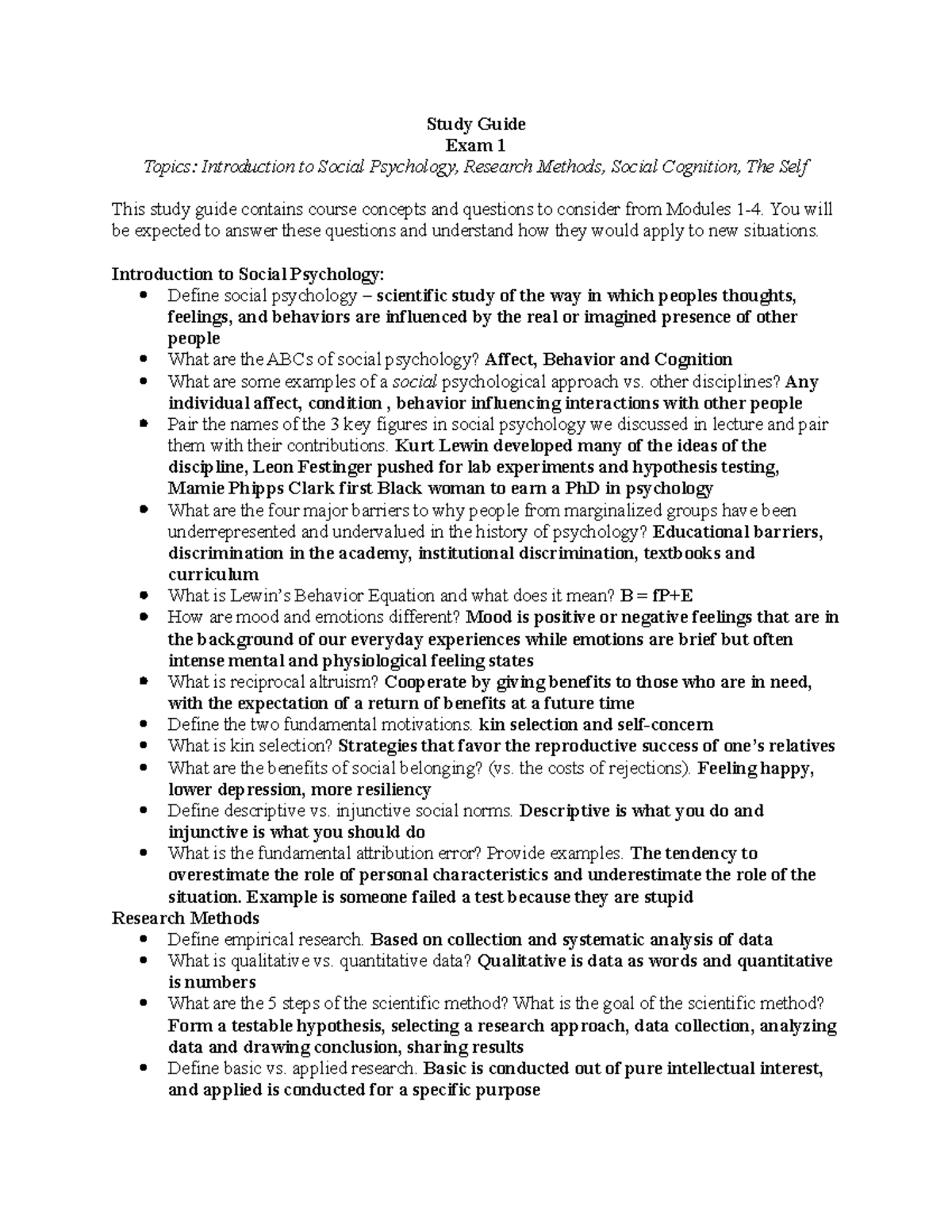 Social Psychology PSY 101: Exam 1 Study Guide on Key Concepts - Studocu
