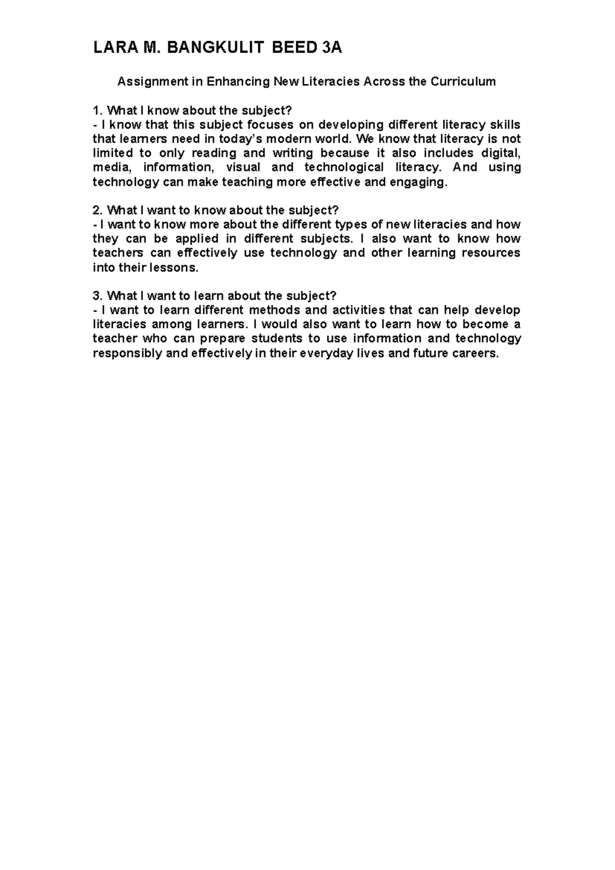 BEED 3A Assignment: Enhancing New Literacies Across the Curriculum ...