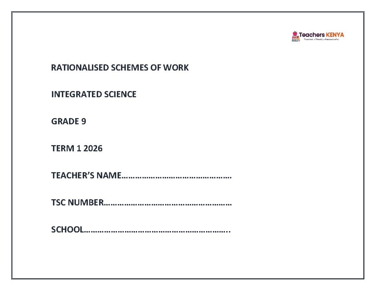 TERM 1 2026 GRADE 9 INTEGRATED SCIENCE SCHEMES OF WORK - Studocu