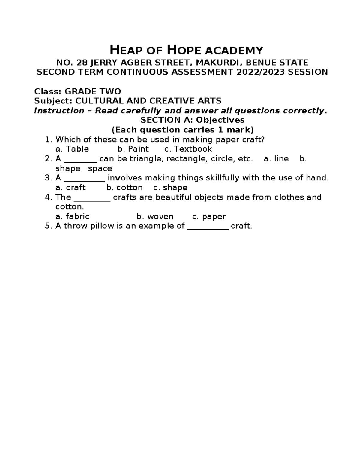 CCA - 2nd Term Continuous Assessment in Cultural & Creative Arts - Studocu