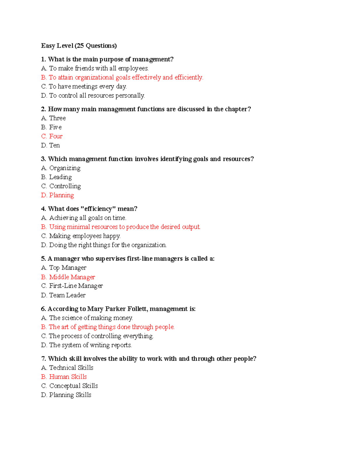 C1 Quiz: Overview of Management - Easy & Medium Level Questions - Studocu