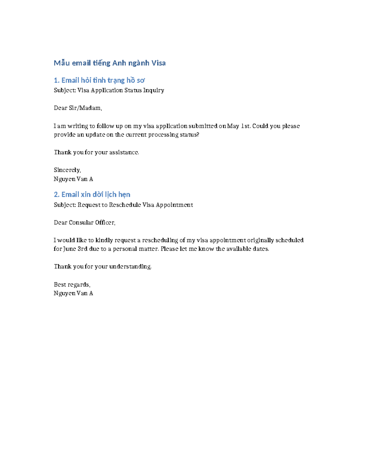 Visa Application Sample Emails and Templates - Studocu