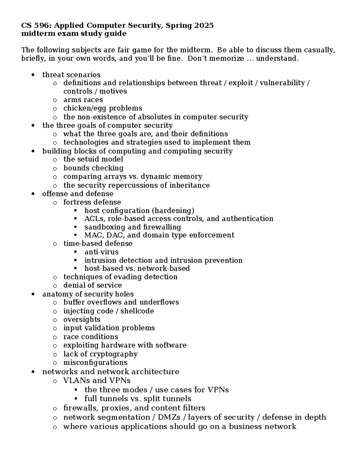 CS 596: Applied Computer Security Midterm Exam Study Guide - Studocu