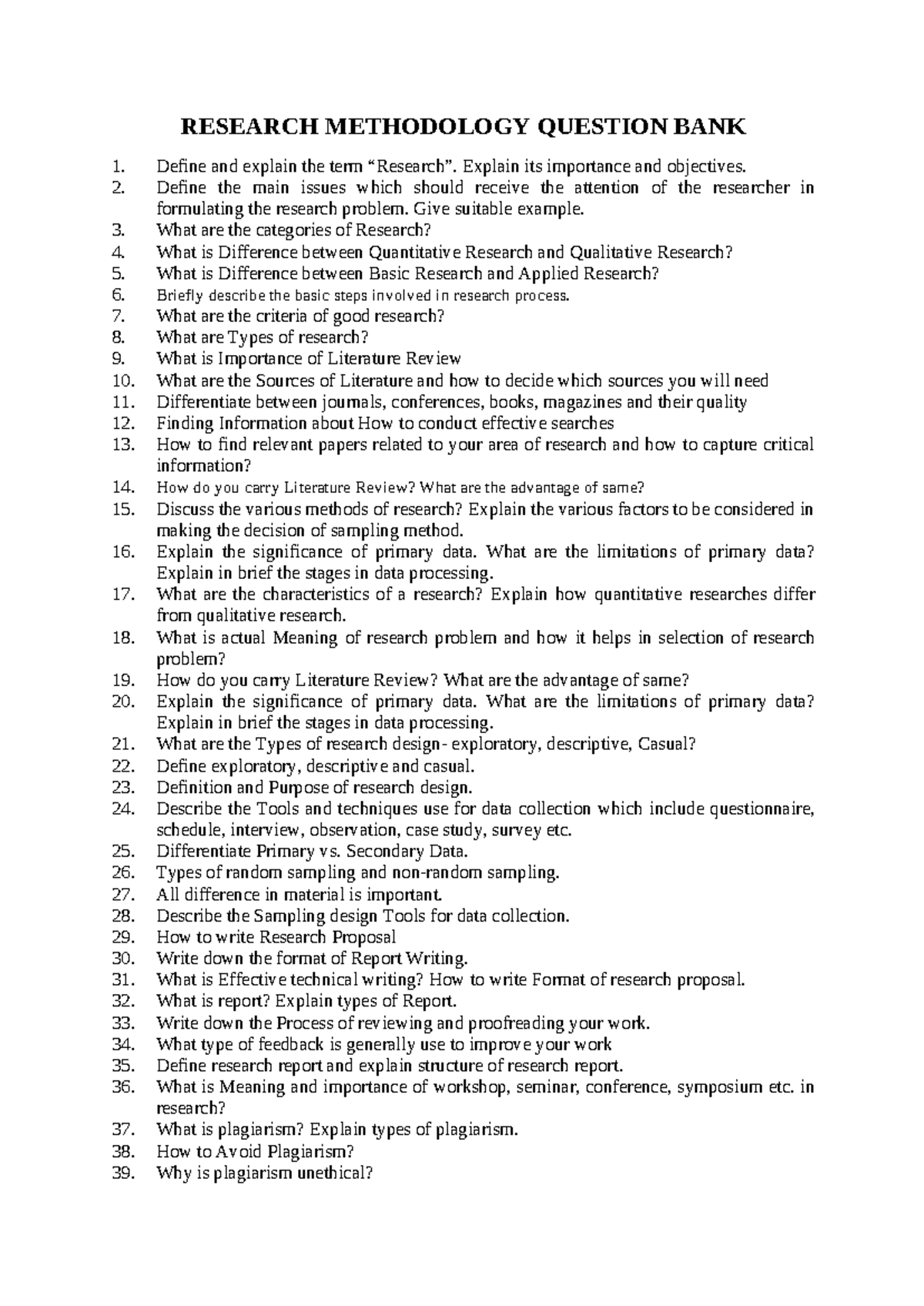 RESEARCH METHODOLOGY QUESTION BANK: Key Concepts & Techniques - Studocu
