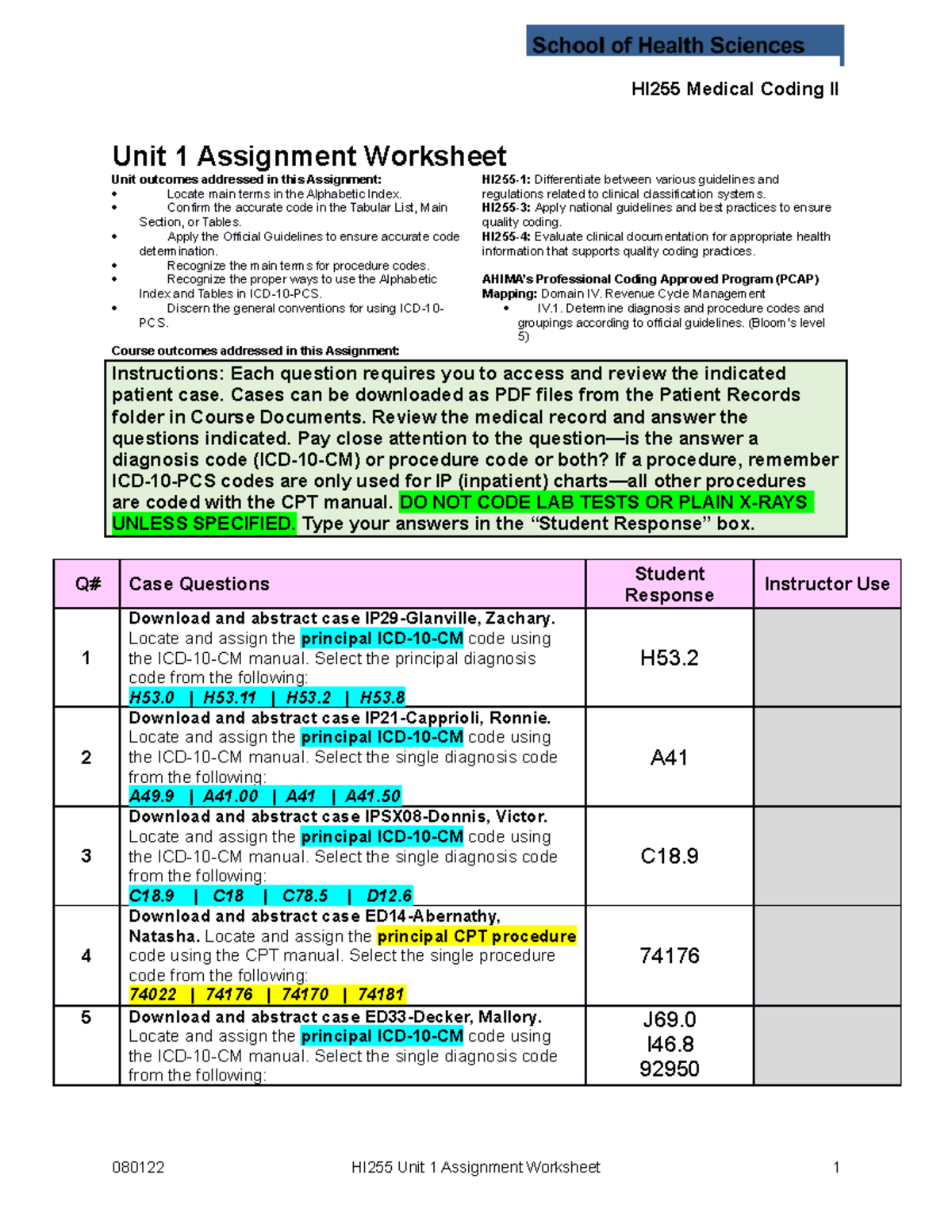 Hi255 unit 1 - coding - HI255 Medical Coding II Unit 1 Assignment ...